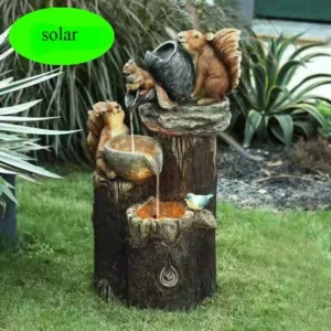 Solar-Tischbrunnen ‚Waldgeflüster‘ | Mini-Wasserspiel mit Eichhörnchen & LED